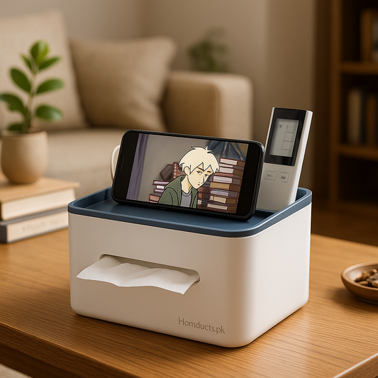 Multipurpose Tissue Box with Mobile Stand & Storage – Modern Desktop Organizer for Home & Office