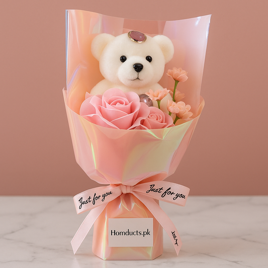 Luxury Teddy Rose Bouquet Gift – Iridescent Wrap, Artificial Roses & Plush Bear for Birthdays, Anniversaries & Valentine’s