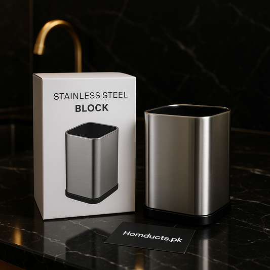 Luxury Stainless Steel Utensil Holder Block – Rust-Proof Countertop Organizer for Kitchen & Office