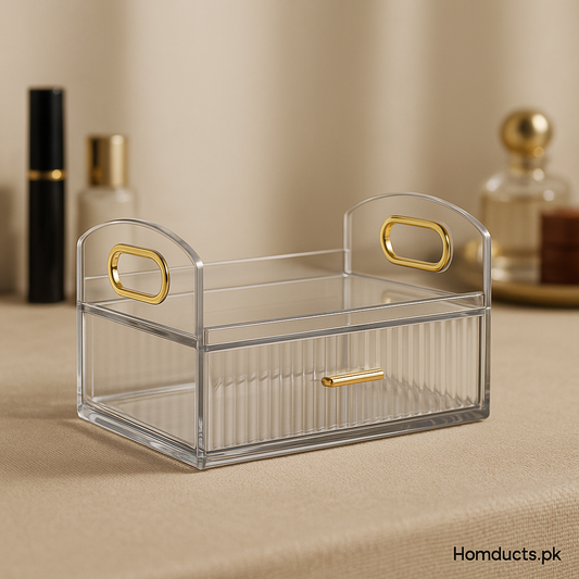 Premium Clear Acrylic Storage Drawer with Golden Handle – Multipurpose Makeup & Accessories Organizer