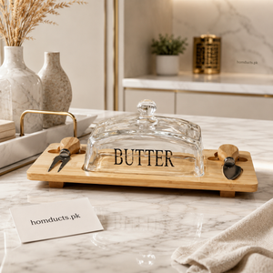 Premium Glass Butter Dish with Bamboo Serving Tray & 2 Cheese Knives | Luxury Butter Keeper