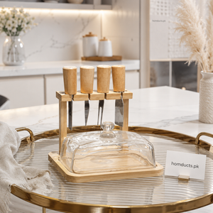 Luxury Glass Butter Dish with Bamboo Tray & 4 Stainless Steel Butter Knives | Premium Butter Keeper with Lid