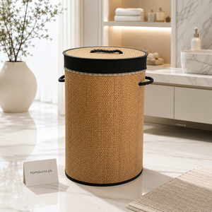 Premium Handwoven Round Bamboo Laundry Basket with Lid & Rope Handles | Luxury Woven Clothes Hamper for Bedroom, Bathroom & Laundry Room