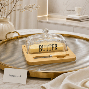 Luxury Glass Butter Dish with Bamboo Base & Butter Knife | Premium Covered Butter Keeper