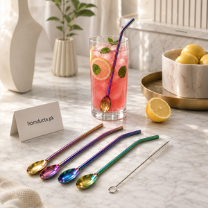 4PCS Stainless Steel Spoon Straw Set with Cleaning Brush – Reusable Rainbow Metal Drinking Straws