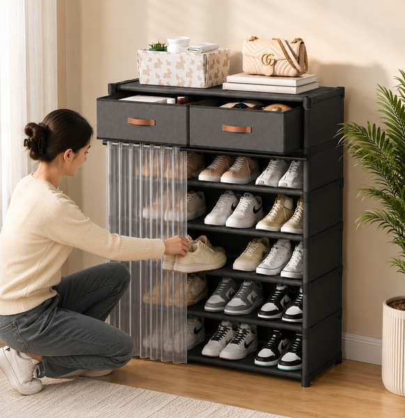 Luxury Modular Shoe Storage Cabinet with Drawers & Dustproof Cover – Multi-Tier Shoe Organizer Rack
