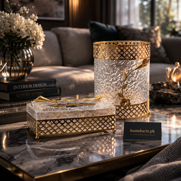 Luxury Crystal Glass Tissue Box & Decorative Storage Jar Set – Premium Gold Finish Organizer
