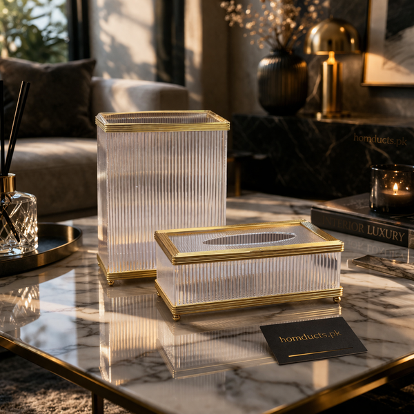 Luxury Ribbed Acrylic Tissue Box with Gold Trim – Elegant Decorative Tissue Holder for Home & Living