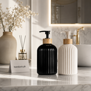 Luxury Ribbed Soap Dispenser Bottle with Bamboo Pump – 1 Piece (Random Color)