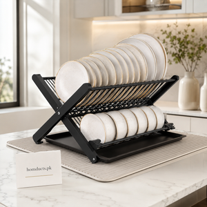 Rust-Proof 2-Tier Foldable Dish Drying Rack with Drain Tray | Space Saving Kitchen Organizer