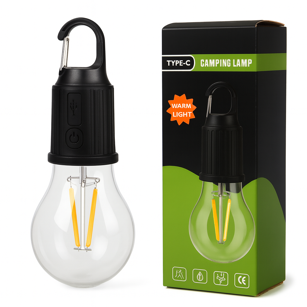 Rechargeable LED Camping Bulb Lamp – Warm Light, Portable Hanging Hook, Type-C Charging