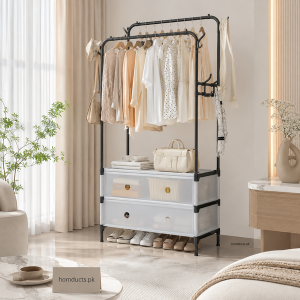 Luxury Double Pole Clothes Rack with Storage Drawers & Shoe Organizer | Heavy Duty Garment Stand