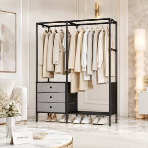 Double Rod Heavy-Duty Clothes Rack with Fabric Drawers & Shoe Storage | Multi-Functional Metal Garment Organizer