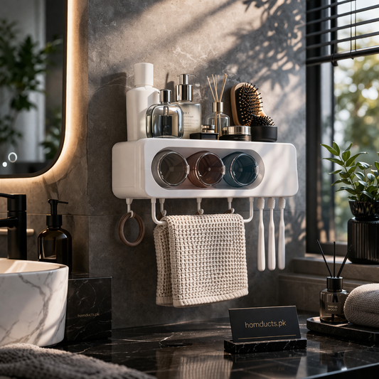 Ecoco Premium Wall-Mounted Bathroom Organizer Rack with Multi-Compartment Storage & Towel Holder (1 Pc)