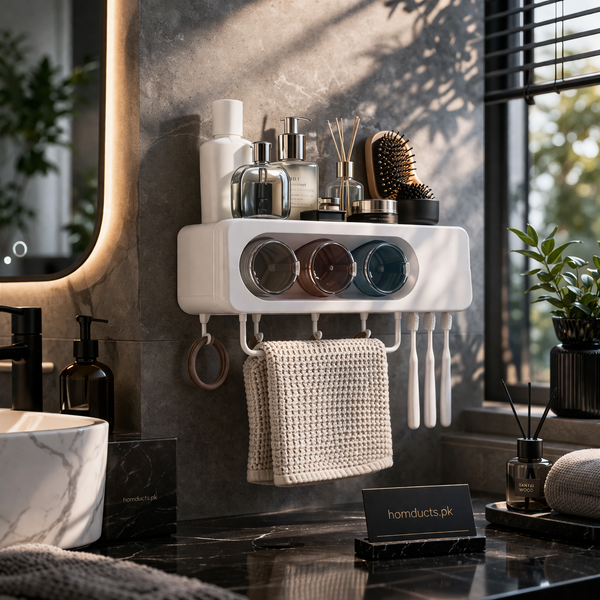 Ecoco Premium Wall-Mounted Bathroom Organizer Rack with Multi-Compartment Storage & Towel Holder (1 Pc)