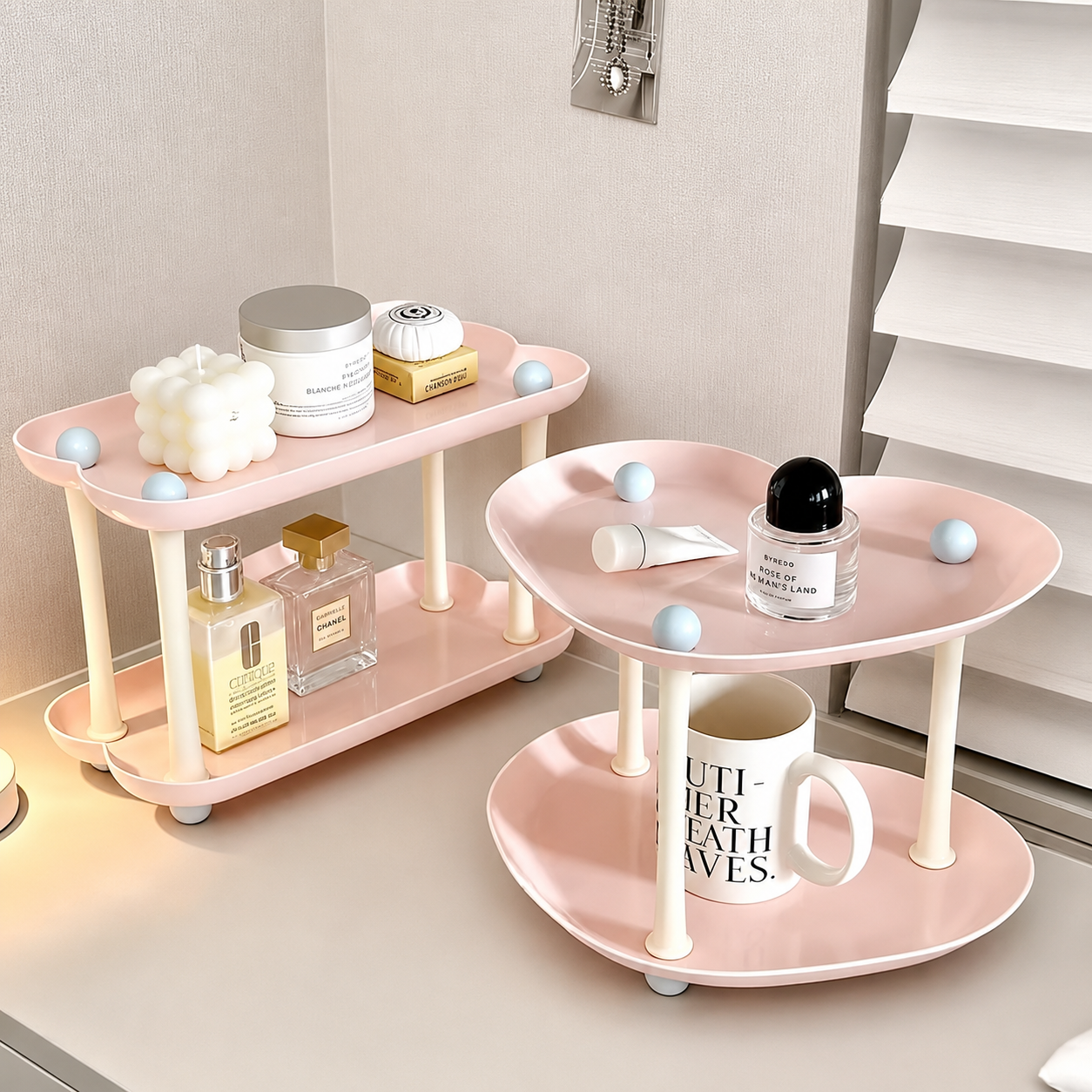 2-Tier Aesthetic Vanity Organizer – Heart & Cloud-Shaped Cosmetic Storage Stand