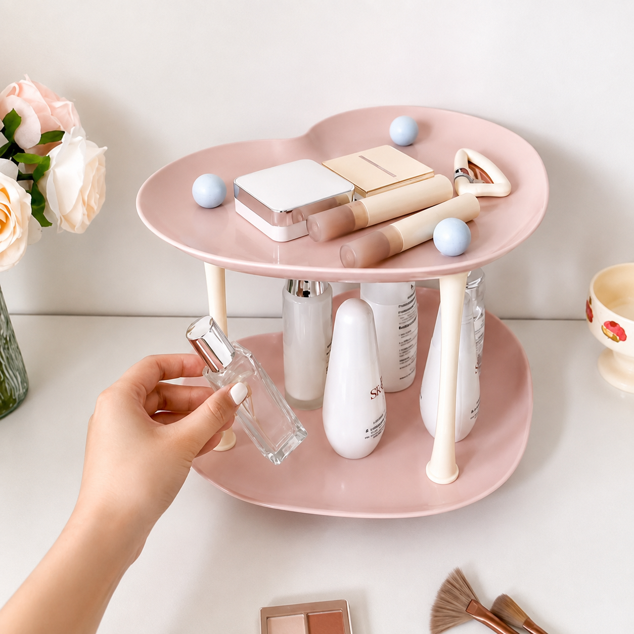 2-Tier Aesthetic Vanity Organizer – Heart & Cloud-Shaped Cosmetic Storage Stand