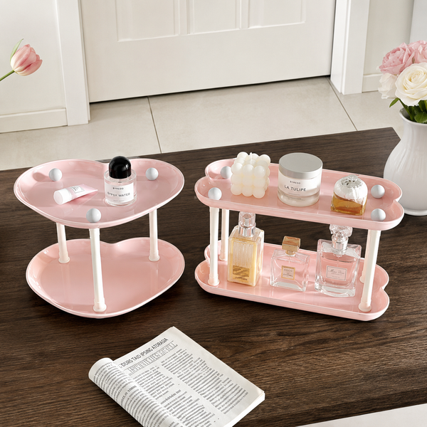 2-Tier Aesthetic Vanity Organizer – Heart & Cloud-Shaped Cosmetic Storage Stand