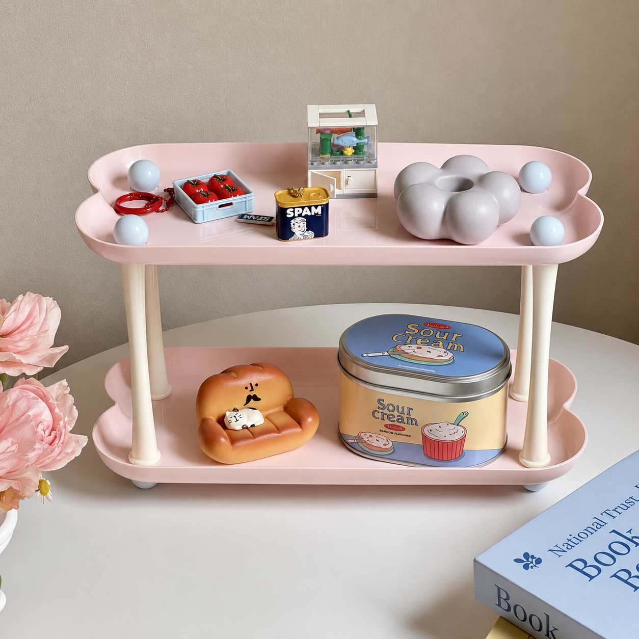 2-Tier Aesthetic Vanity Organizer – Heart & Cloud-Shaped Cosmetic Storage Stand