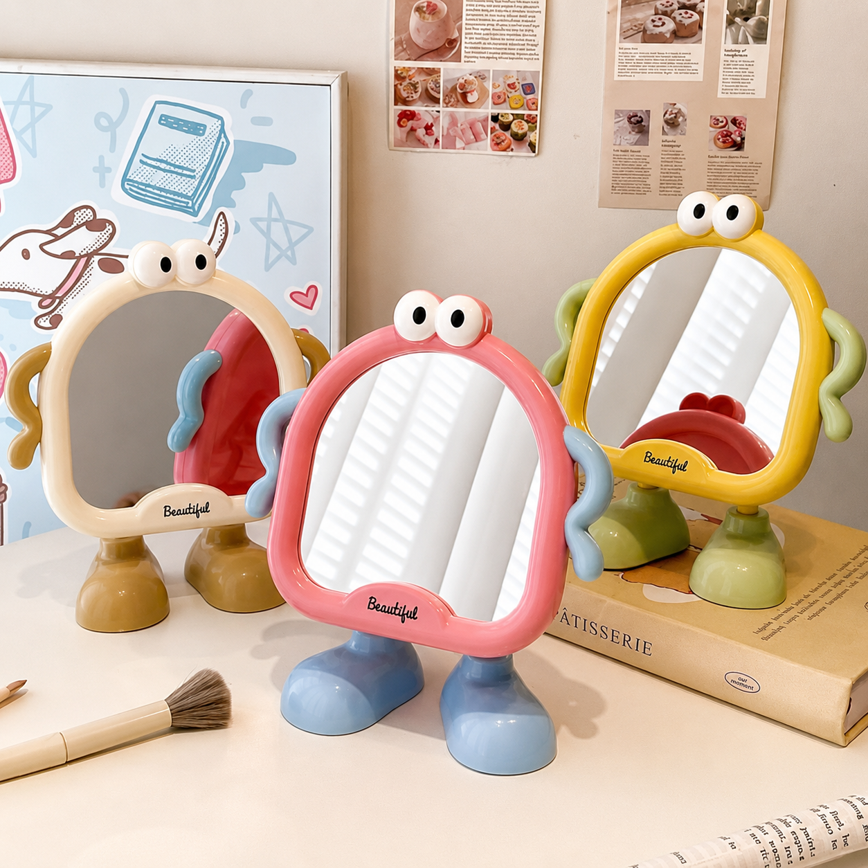 Cute Cartoon Standing Vanity Mirror – Desktop Makeup Mirror with Fun Character Design