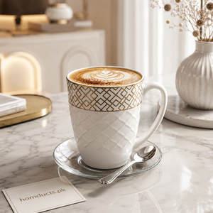 6-Piece Luxury Ceramic Coffee Mug Set with Glass Saucers & Spoons | Premium Tea & Latte Cups