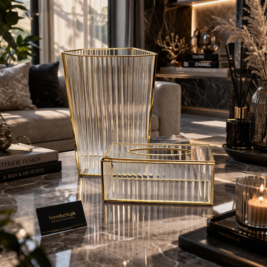 Elegant Acrylic Ribbed Tissue Box & Waste Basket Set – Luxury Bathroom & Vanity Organizer (2 Pcs)