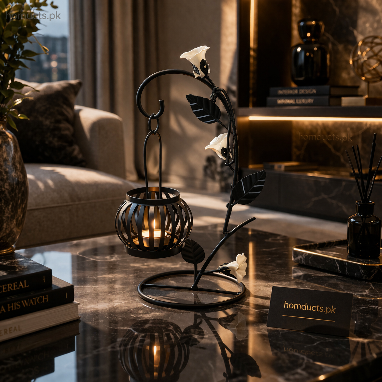 Luxury Floral Metal Hanging Lantern Holder Stand – Elegant Tabletop Decor (Without Candle)