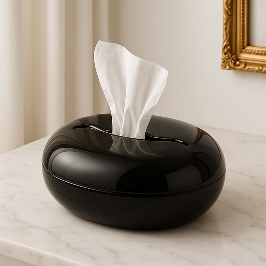 Luxury Glossy Pebble Tissue Box – Modern Black Tissue Holder for Living Room, Bedroom & Office