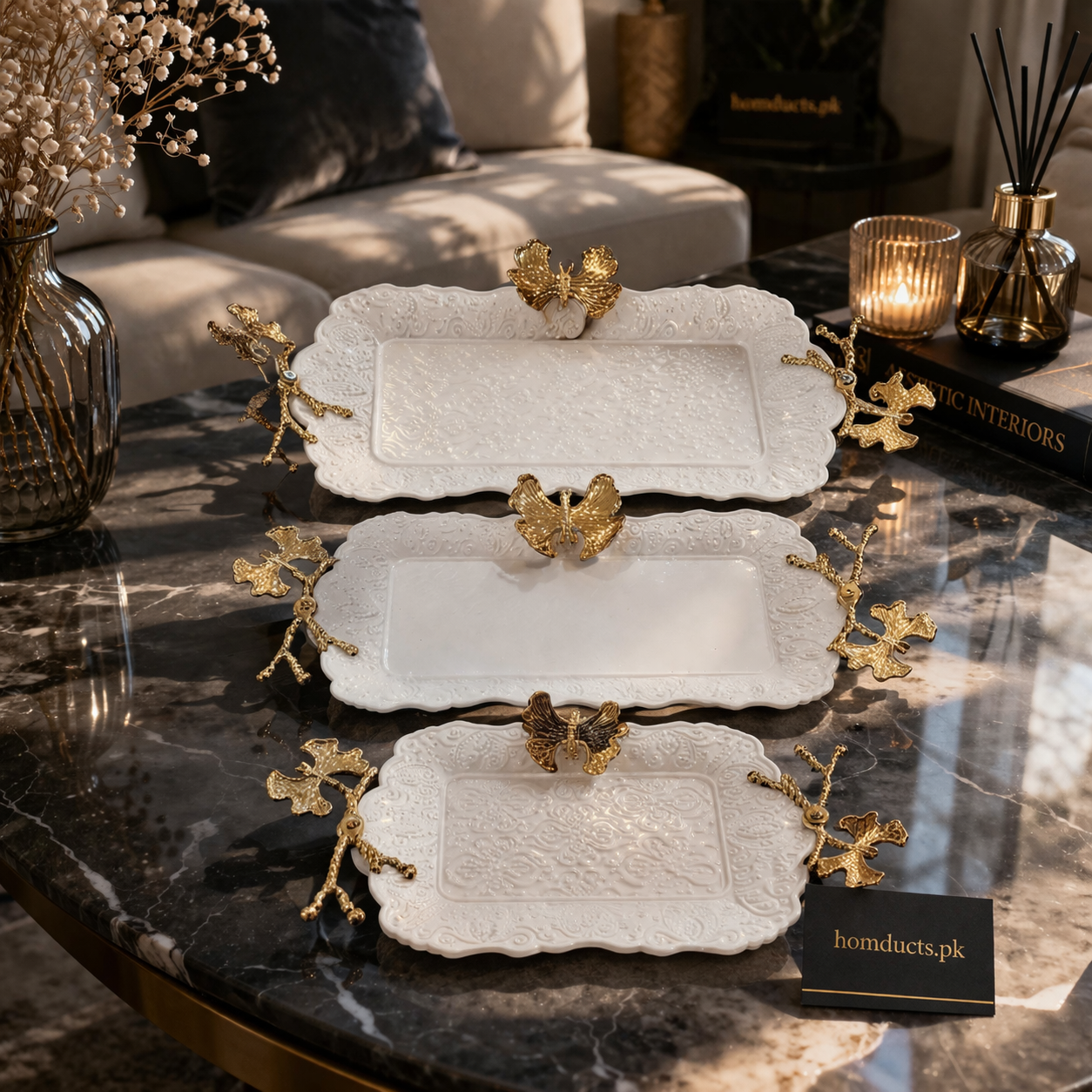 Luxury 3-Piece Butterfly Handle Serving Tray Set – Elegant Decorative Display & Serving Platters