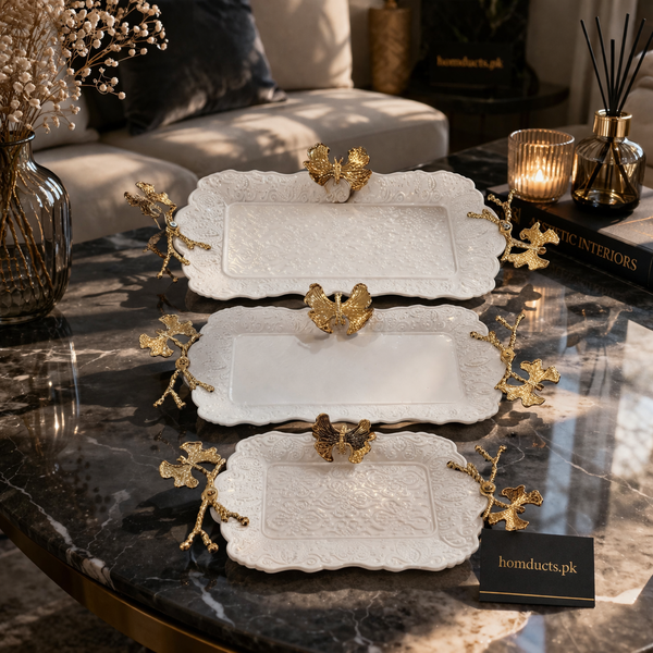 Luxury 3-Piece Butterfly Handle Serving Tray Set – Elegant Decorative Display & Serving Platters