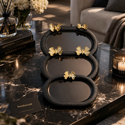 Luxury 3-Piece Decorative Serving Tray Set with Butterfly Handles – Premium Table & Coffee Table Organizer