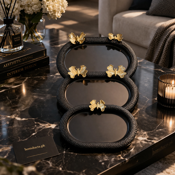 Luxury 3-Piece Decorative Serving Tray Set with Butterfly Handles – Premium Table & Coffee Table Organizer