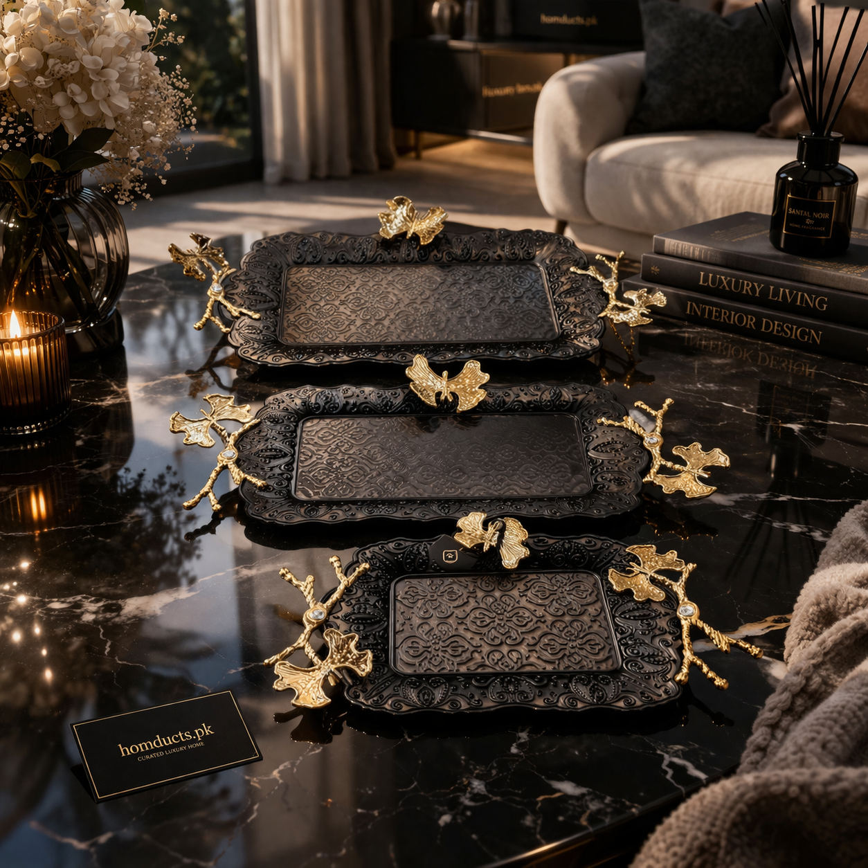 Luxury 3-Piece Ornate Metal Serving Tray Set with Butterfly Handles – Premium Decorative Tableware