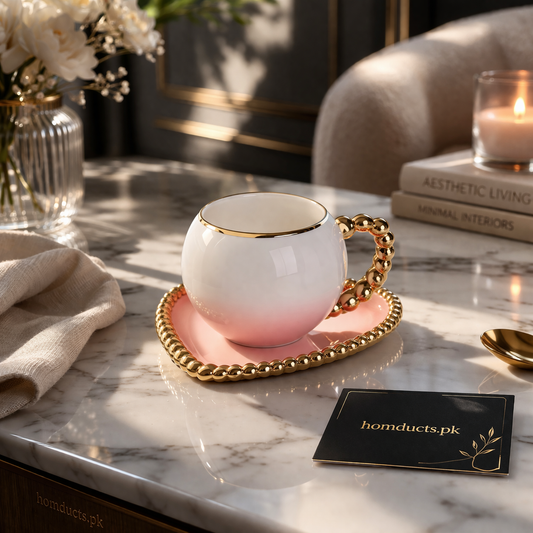 Luxury Heart-Shaped Tea Cup & Saucer with Gold Rim – 1 Piece