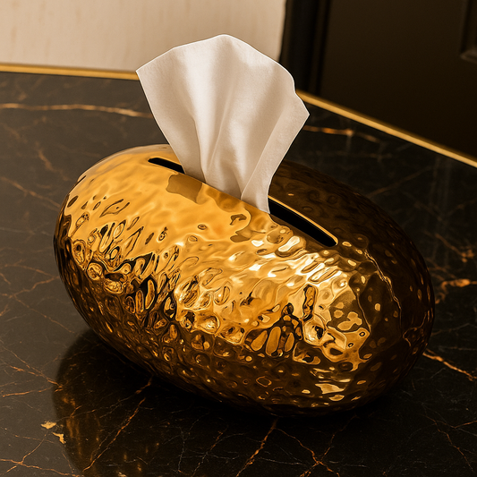 Luxury Hammered Gold Tissue Box – Modern Oval Design for Living Room & Office Décor