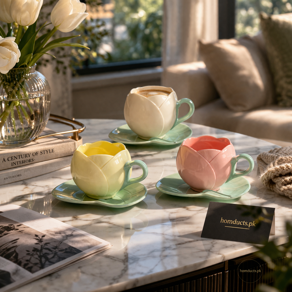 Luxury Tulip-Shaped Ceramic Tea Cup with Leaf Saucer – 1 Piece