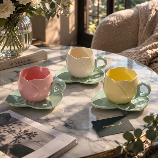Luxury Tulip-Shaped Ceramic Tea Cup with Leaf Saucer – 1 Piece