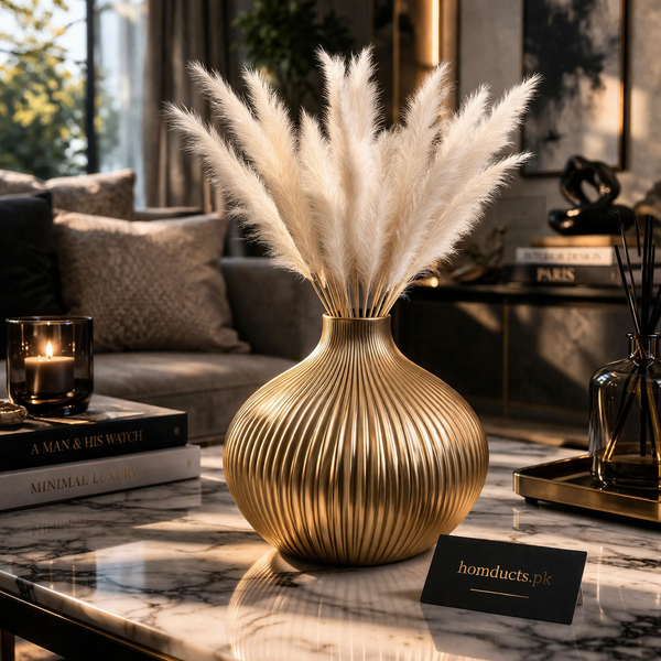 Luxury Ribbed Gold Vase with Pampas – Elegant Decorative Table Accent (1 Piece)