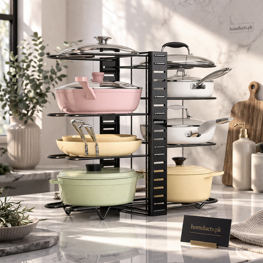 Adjustable Heavy-Duty Pot and Pan Organizer Rack – 8-Tier Kitchen Cookware Storage Stand for Lids & Skillets