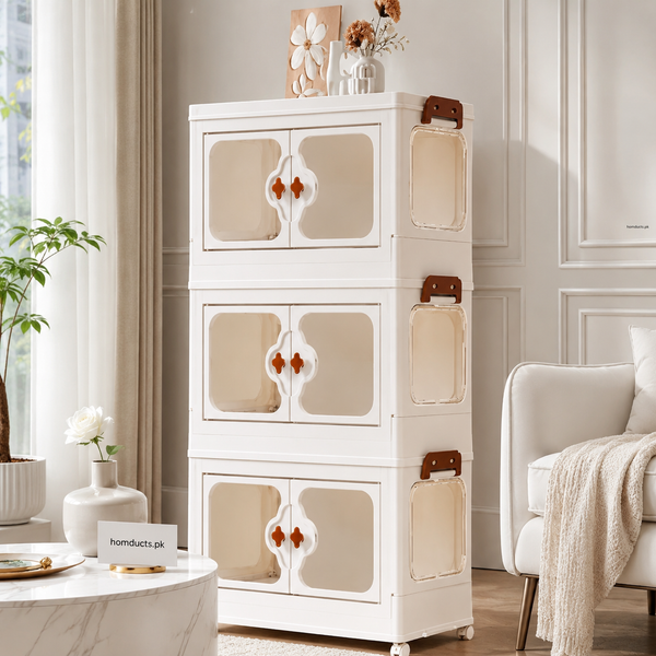 5 Layer Foldable Storage Cabinet with Wheels & Clear Magnetic Doors – Cream White
