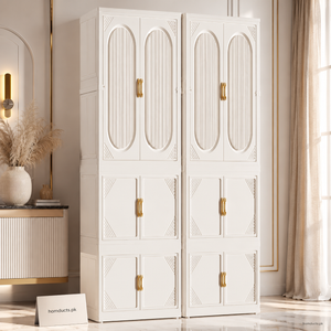 Beveled 65cm 2-Tier + Top Wardrobe Cabinet – Solid & Tea Transparent Doors