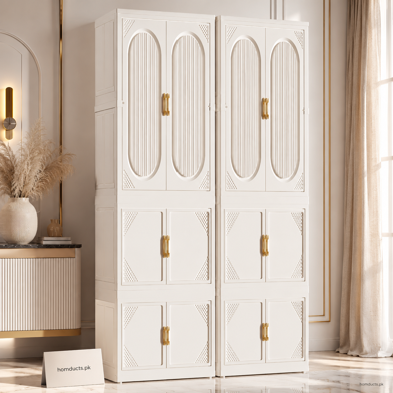 Beveled 65cm 3-Tier + Top Wardrobe Cabinet – Solid & Tea Transparent Doors