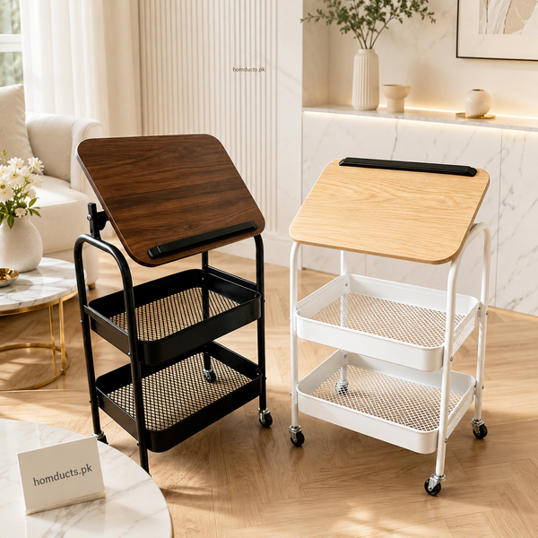 Luxury Rolling Sofa Side Table with Flip-Top Laptop Desk & 2-Tier Storage Cart on Wheels