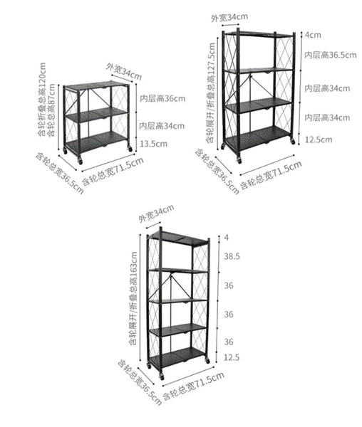 Foldable Heavy-Duty Kitchen Storage Rack with Wheels – 3, 4 & 5 Layer Multipurpose Organizer Shelf