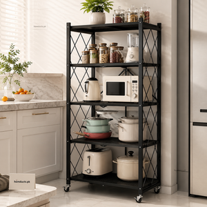 Foldable Heavy-Duty Kitchen Storage Rack with Wheels – 3, 4 & 5 Layer Multipurpose Organizer Shelf