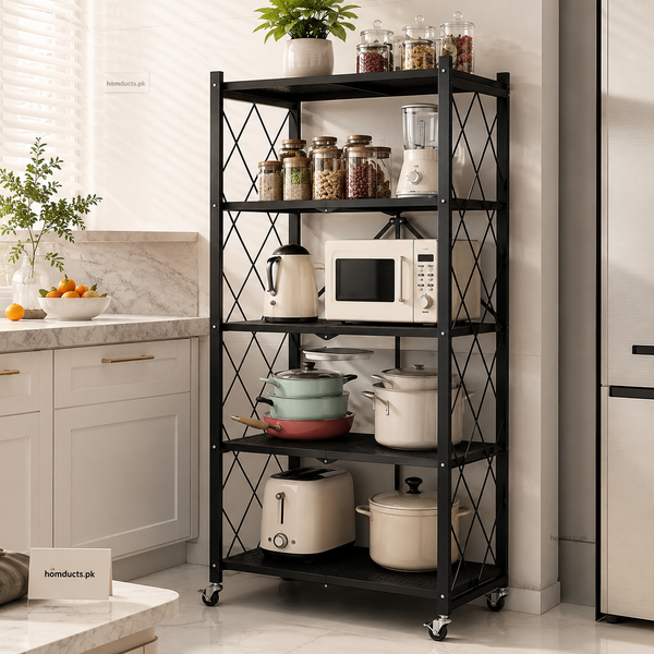 Foldable Heavy-Duty Kitchen Storage Rack with Wheels – 3, 4 & 5 Layer Multipurpose Organizer Shelf