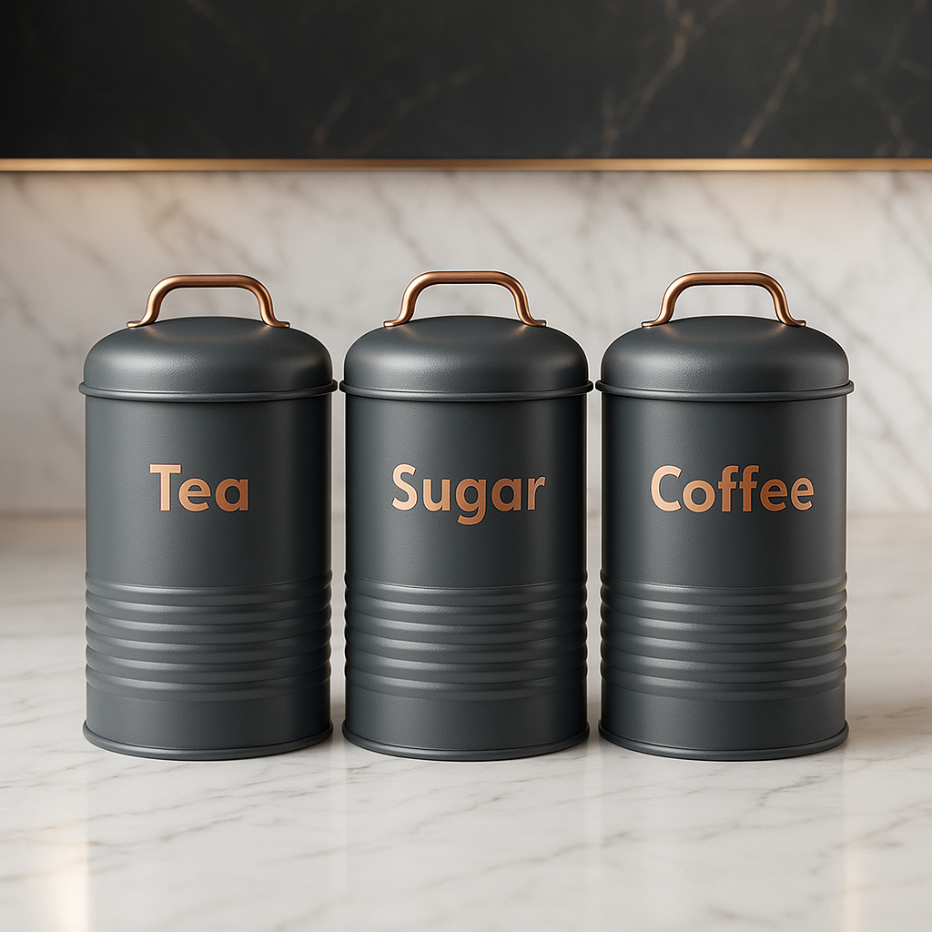 Premium Matte Grey Tea Coffee Sugar Canister Set – Metal Kitchen Storage Jars with Copper Handles (Set of 3)