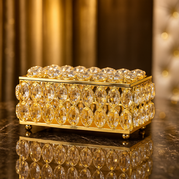 Luxury Crystal Glass Tissue Box Holder – Elegant Gold Finish Decorative Tissue Case