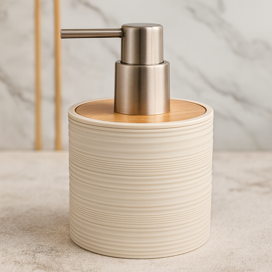 Luxury Ribbed Soap Dispenser with Wooden Lid | Modern Bathroom & Kitchen Liquid Dispenser