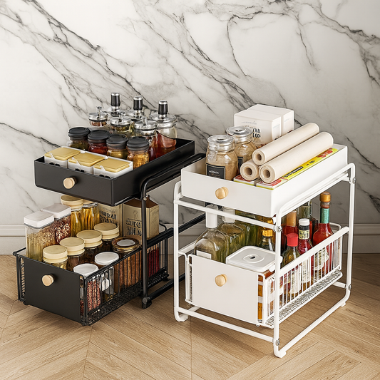 Ecoco Luxury 2-Tier Pull-Out Kitchen Organizer – Heavy-Duty Metal Cabinet Storage Rack